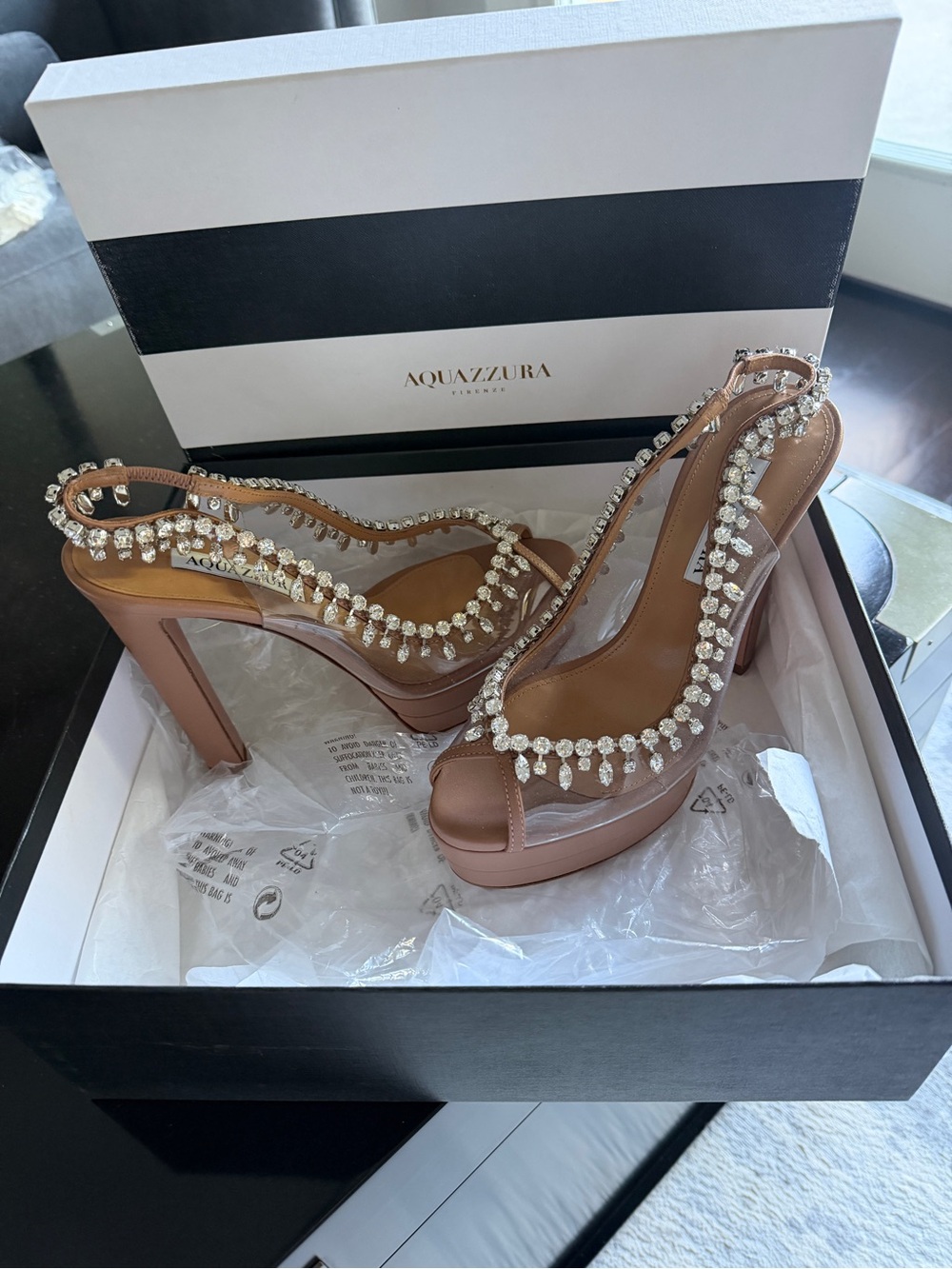 Aquazzura Blush Crystal-Embellished Slingback Platform Heels